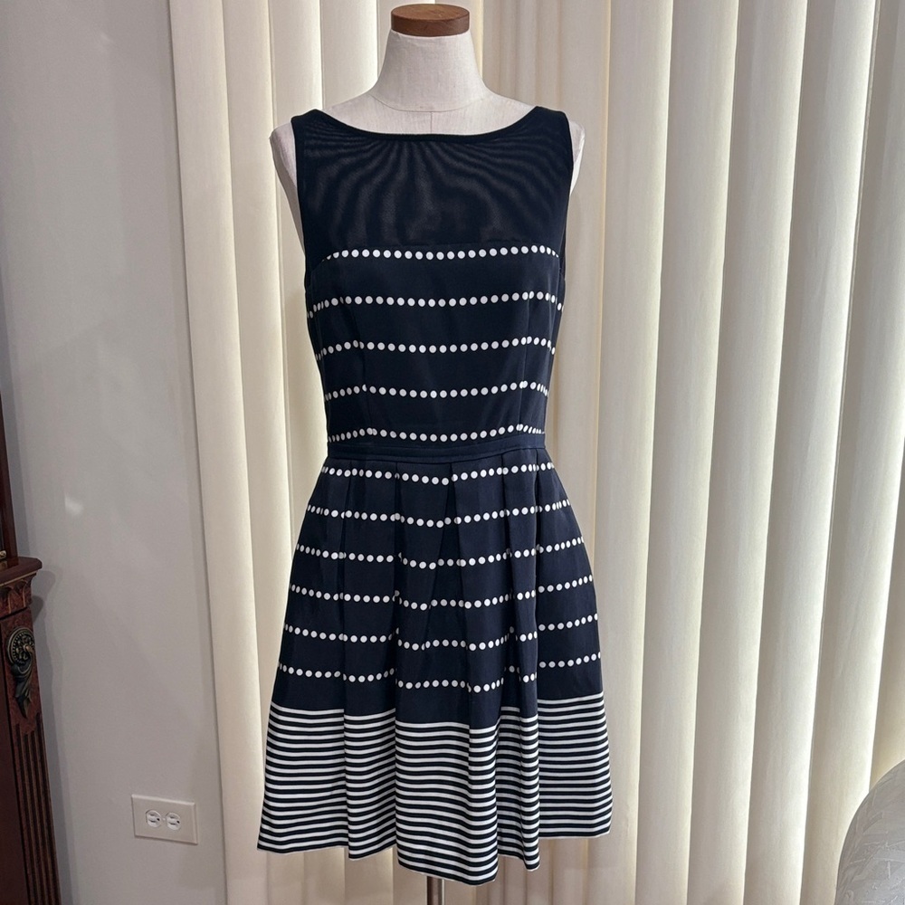 Taylor Dot & Stripe Fit-and-pleated Flare mini Dress navy waisted sleeveless 8